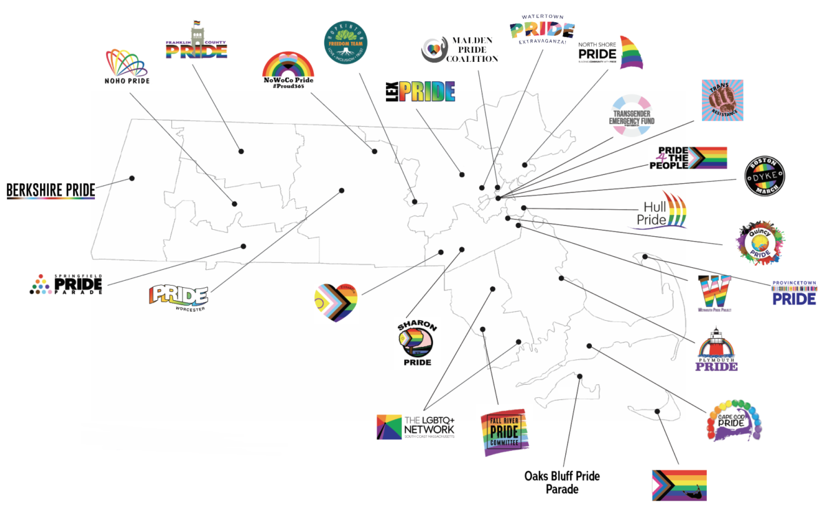 map showing different pride logos with lines drawn to points of interest, a map of Massachusetts with the county lines drawn