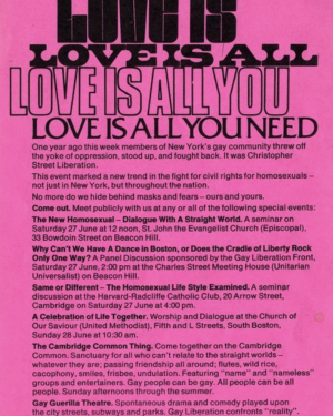 A flyer from Boston's first Pride activities, then called Christopher Street Liberation commemoration events. 1970. Credit: Homophile Coordinating Council of Boston, 1970.