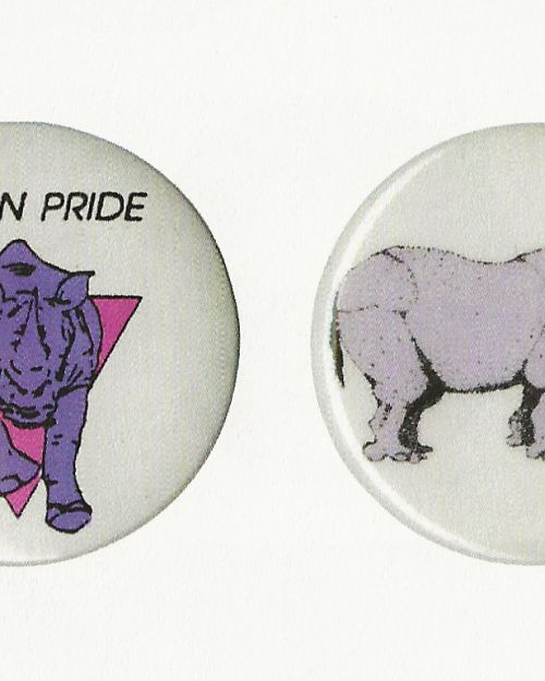 Photo of a 2 buttons. One was the side view of Lavender Rhinoceros with a pink triangle on a white background. The other is a head on view of the Lavender Rhinoceros coming out of a pink triangle with the words Boston Pride above it on a white background