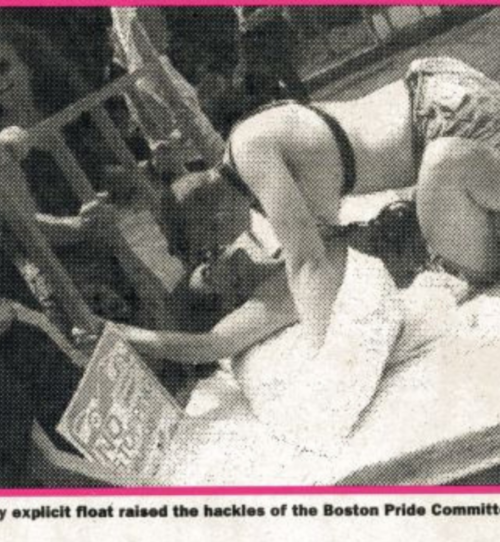 A photograph in the now-defunct Boston LGBTQ+ publication IN Newsweekly of "bedgate" during the 1996 Pride March. (Courtesy The History Project)