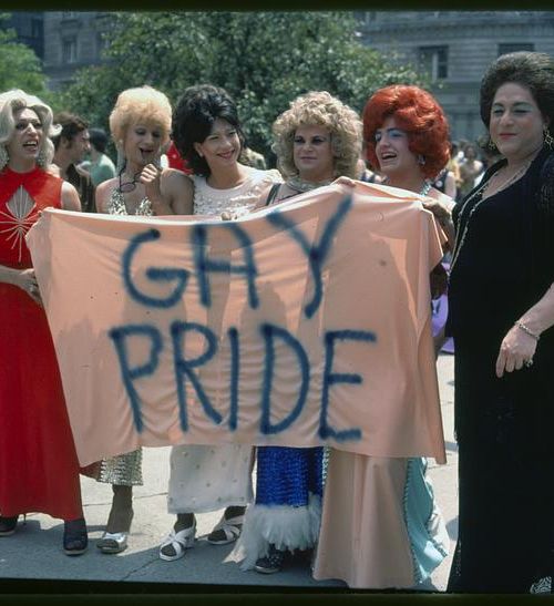 Female impersonators at gay pride rally, Copley Square, Boston 1977. Photo Credit Spencer Grant, Spencer Grant Collection at Boston Public Library