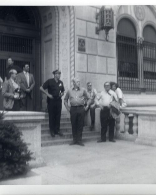 Police officers outside the Boston Police Department headquarters in Back Bay during Boston's first Pride March, 1971 June 26 Credit: Kyper, John
